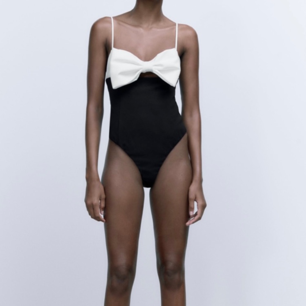 Zara NWT Black white bow bodysuit